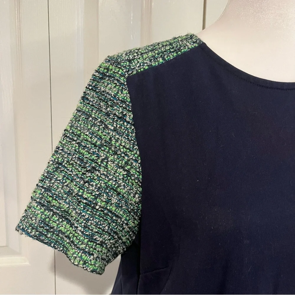 J.Crew Navy & Green Tweed Sleeve Top, Size M